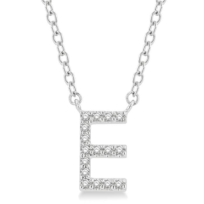 1/20 Ctw Initial 'E' Round Cut Diamond Pendant With Chain in 10K White Gold