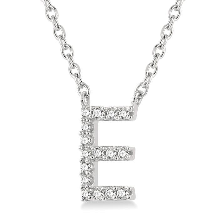 1/20 Ctw Initial 'E' Round Cut Diamond Pendant With Chain in 10K White Gold