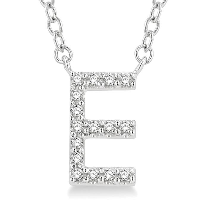 1/20 Ctw Initial 'E' Round Cut Diamond Pendant With Chain in 10K White Gold
