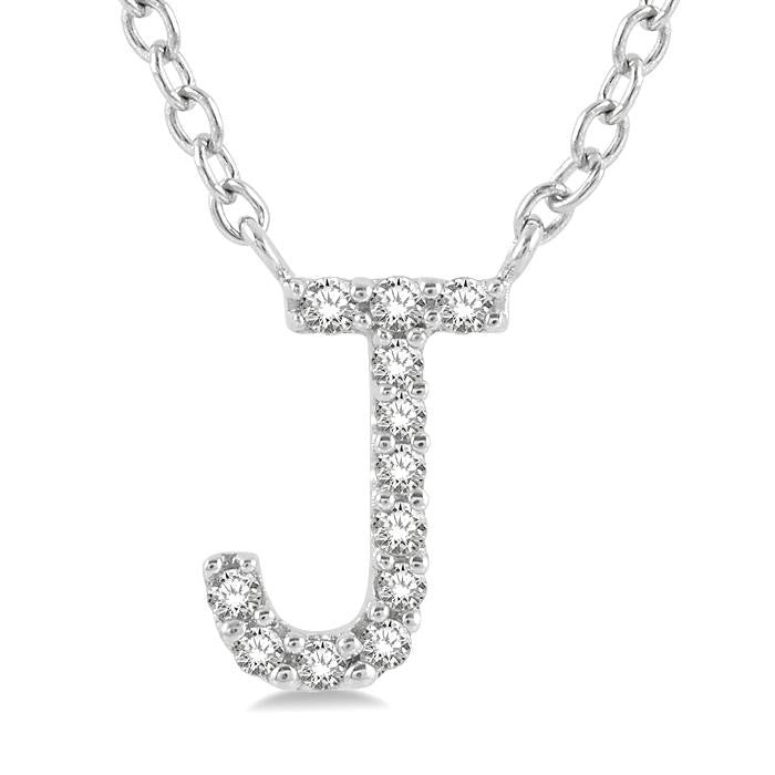 1/20 Ctw Initial 'J' Round Cut Diamond Pendant With Chain in 10K White Gold