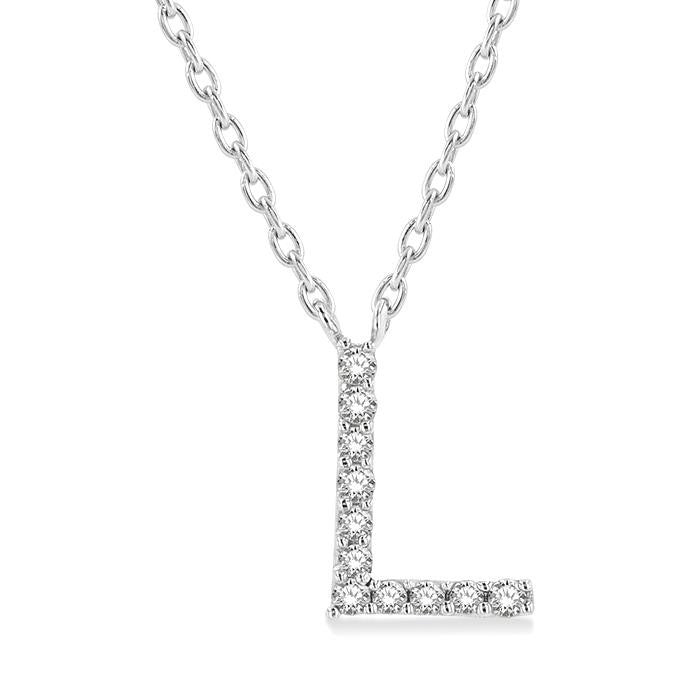 1/20 Ctw Initial 'L' Round Cut Diamond Pendant With Chain in 10K White Gold