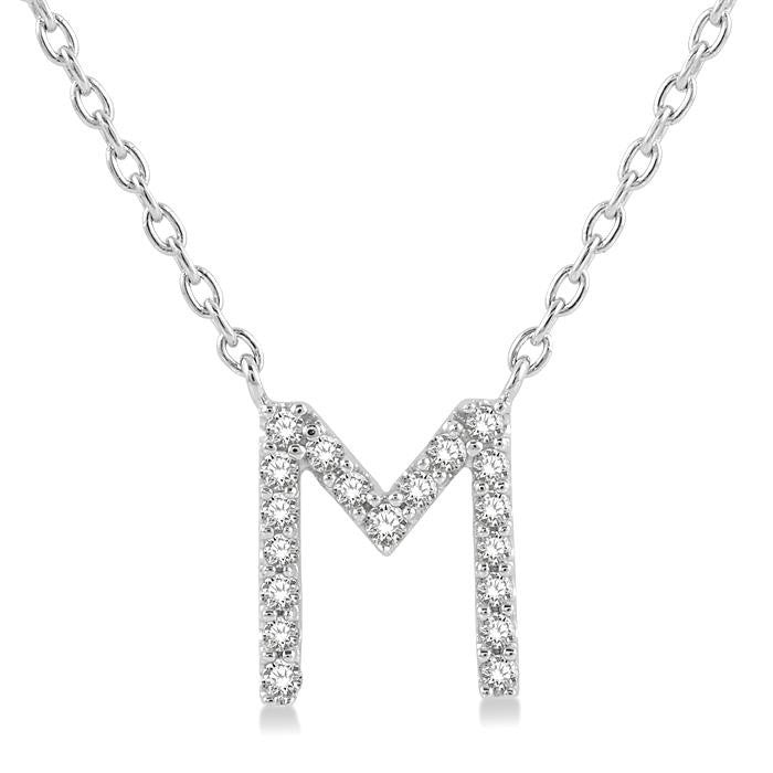 1/20 Ctw Initial 'M' Round Cut Diamond Pendant With Chain in 10K White Gold