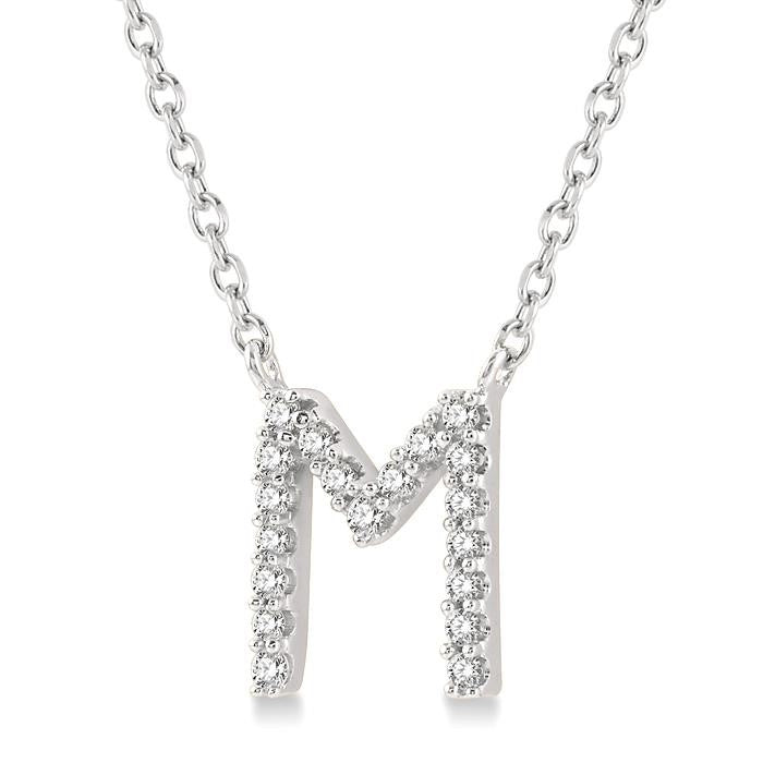 1/20 Ctw Initial 'M' Round Cut Diamond Pendant With Chain in 10K White Gold