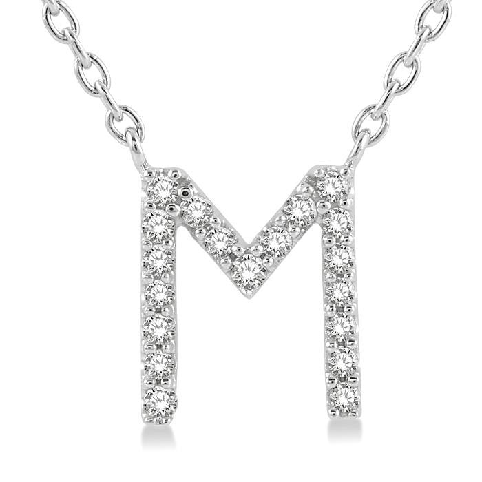 1/20 Ctw Initial 'M' Round Cut Diamond Pendant With Chain in 10K White Gold