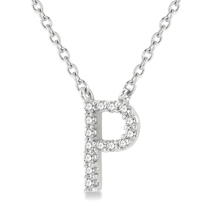 1/20 Ctw Initial 'P' Round Cut Diamond Pendant With Chain in 10K White Gold