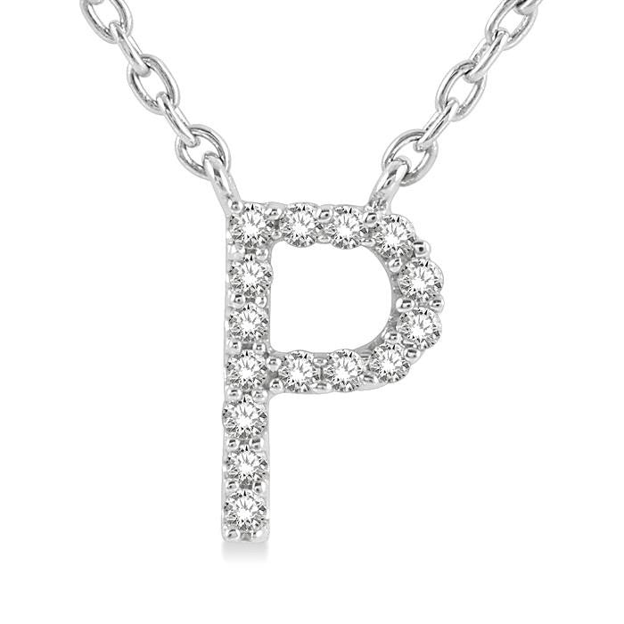1/20 Ctw Initial 'P' Round Cut Diamond Pendant With Chain in 10K White Gold