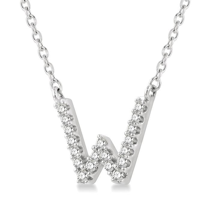 1/20 Ctw Initial 'W' Round Cut Diamond Pendant With Chain in 10K White Gold