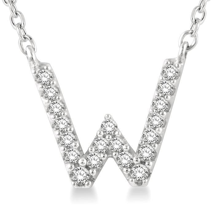 1/20 Ctw Initial 'W' Round Cut Diamond Pendant With Chain in 10K White Gold