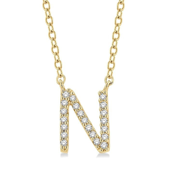 1/20 Ctw Initial 'N' Round Cut Diamond Pendant With Chain in 10K Yellow Gold