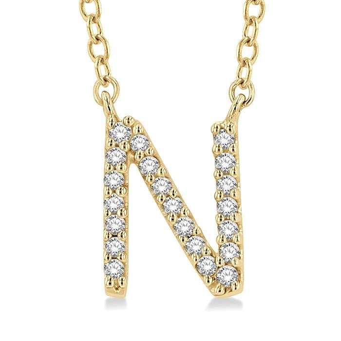 1/20 Ctw Initial 'N' Round Cut Diamond Pendant With Chain in 10K Yellow Gold