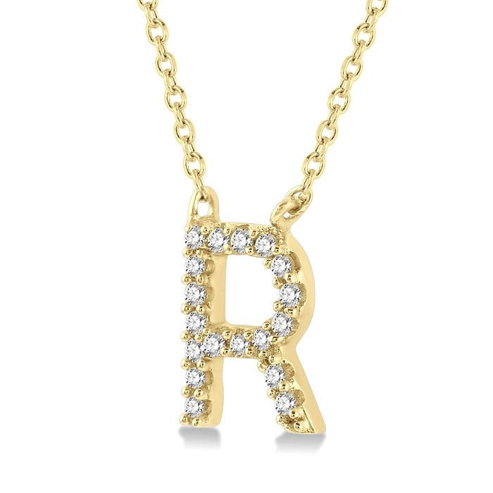 1/20 Ctw Initial 'R' Round Cut Diamond Pendant With Chain in 10K Yellow Gold