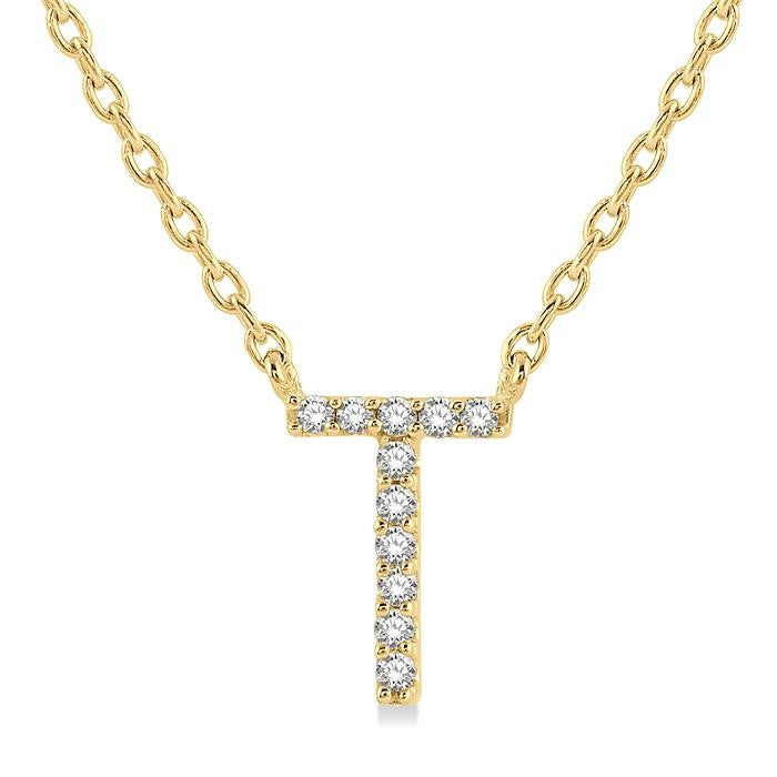 1/20 Ctw Initial 'T' Round Cut Diamond Pendant With Chain in 10K Yellow Gold