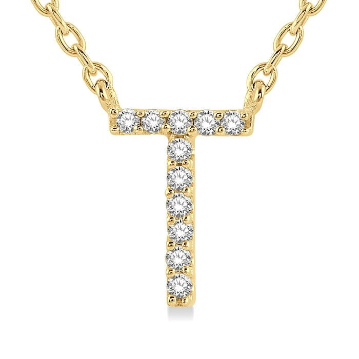 1/20 Ctw Initial 'T' Round Cut Diamond Pendant With Chain in 10K Yellow Gold