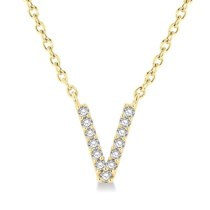 1/20 Ctw Initial 'V' Round Cut Diamond Pendant With Chain in 10K Yellow Gold
