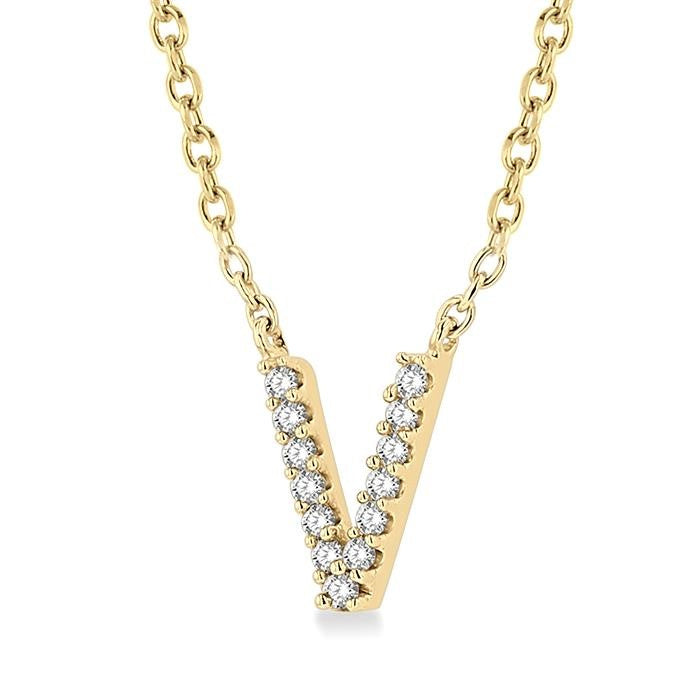 1/20 Ctw Initial 'V' Round Cut Diamond Pendant With Chain in 10K Yellow Gold