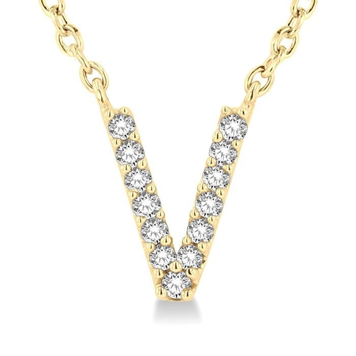1/20 Ctw Initial 'V' Round Cut Diamond Pendant With Chain in 10K Yellow Gold