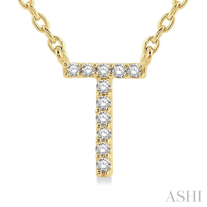 1/20 Ctw Initial 'T' Round Cut Diamond Pendant With Chain in 10K Yellow Gold
