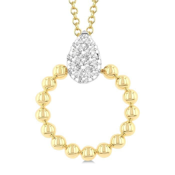 1/6 Ctw Round Cut Diamond Bead Shank Pear Shape Shine Bright Pendant With Chain in 10K Yellow and White Gold