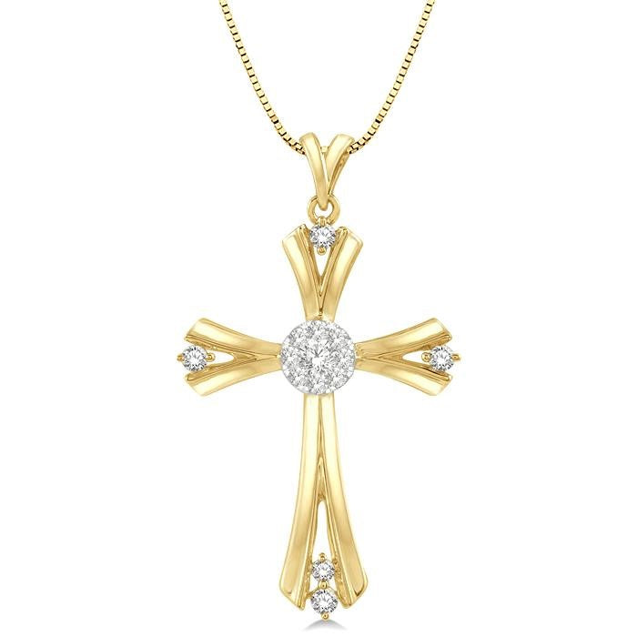 1/4 Ctw Shine Bright Round Cut Diamond Cross Pendant in 14K Yellow and White Gold with chain