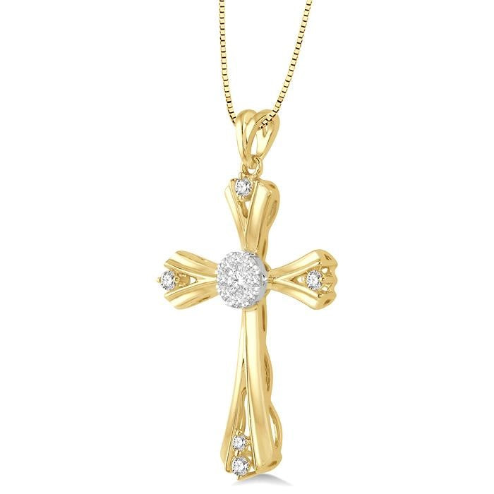 1/4 Ctw Shine Bright Round Cut Diamond Cross Pendant in 14K Yellow and White Gold with chain