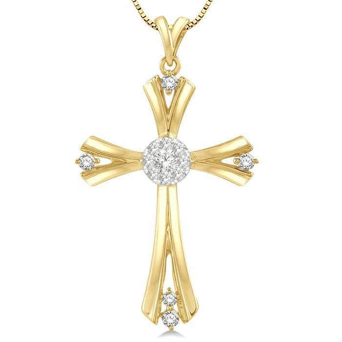 1/4 Ctw Shine Bright Round Cut Diamond Cross Pendant in 14K Yellow and White Gold with chain