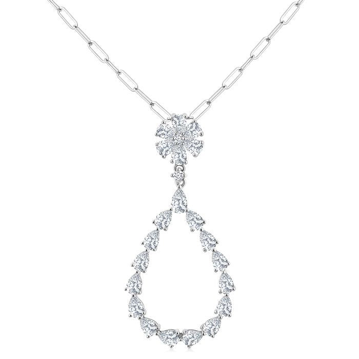 1 7/8 Ctw Floral Open Window Pear and Round Cut Diamond Dangle Fashion Pendant With Chain in 14K White Gold