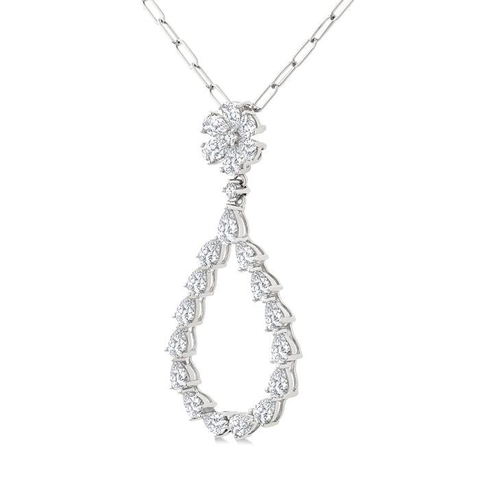 1 7/8 Ctw Floral Open Window Pear and Round Cut Diamond Dangle Fashion Pendant With Chain in 14K White Gold