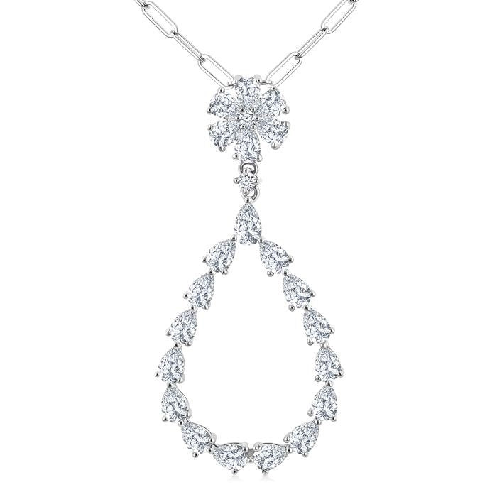 1 7/8 Ctw Floral Open Window Pear and Round Cut Diamond Dangle Fashion Pendant With Chain in 14K White Gold