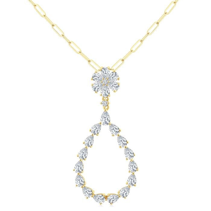 1 7/8 Ctw Floral Open Window Pear and Round Cut Diamond Dangle Fashion Pendant With Chain in 14K Yellow Gold