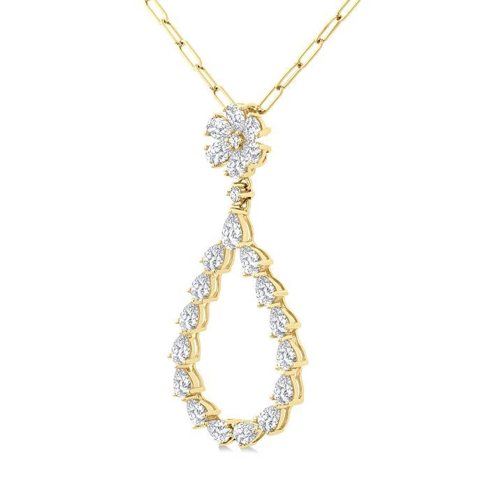 1 7/8 Ctw Floral Open Window Pear and Round Cut Diamond Dangle Fashion Pendant With Chain in 14K Yellow Gold