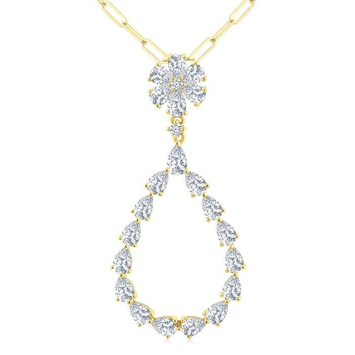 1 7/8 Ctw Floral Open Window Pear and Round Cut Diamond Dangle Fashion Pendant With Chain in 14K Yellow Gold