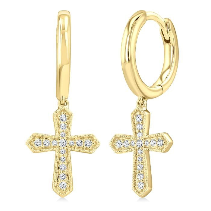 1/6 Ctw Round Cut Diamond Cross Petite Fashion Huggies Earrings in 10K Yellow Gold