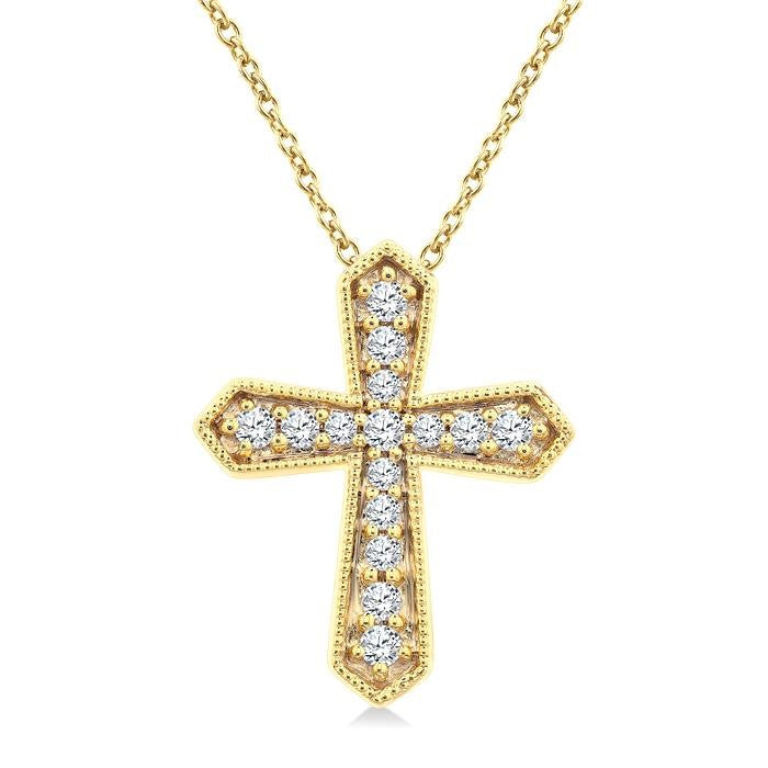 1/6 Ctw Round Cut Diamond Cross Petite Fashion Pendant With Chain in 10K Yellow Gold