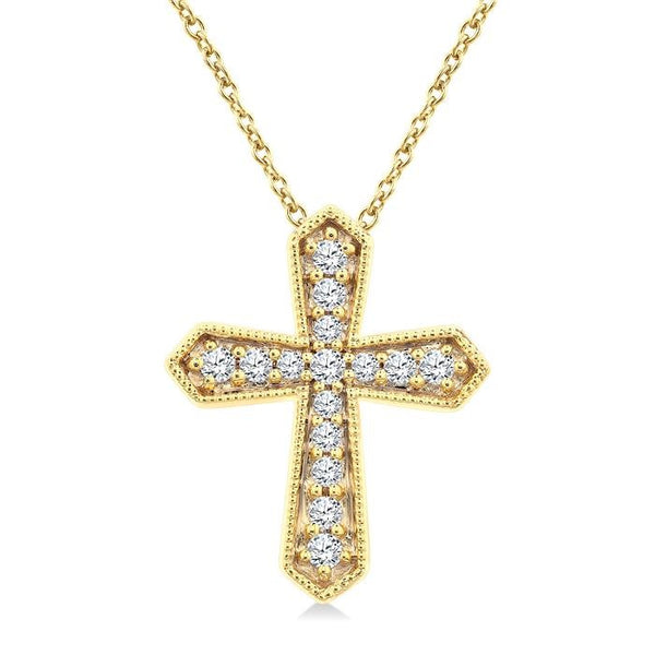 1/6 Ctw Round Cut Diamond Cross Petite Fashion Pendant With Chain in 10K Yellow Gold