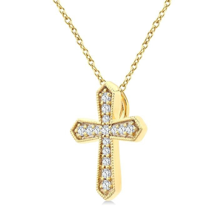 1/6 Ctw Round Cut Diamond Cross Petite Fashion Pendant With Chain in 10K Yellow Gold