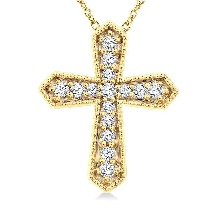 1/6 Ctw Round Cut Diamond Cross Petite Fashion Pendant With Chain in 10K Yellow Gold