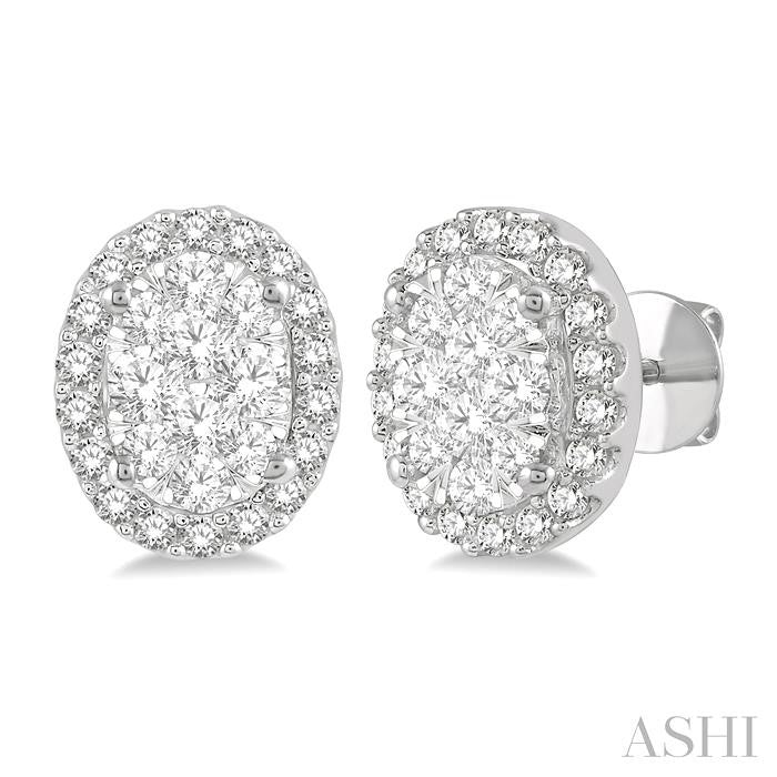 1/2 Ctw Oval Shape Shine Bright Round Cut Diamond Stud Earrings in 14K White Gold