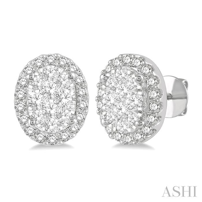 1/2 Ctw Oval Shape Shine Bright Round Cut Diamond Stud Earrings in 14K White Gold
