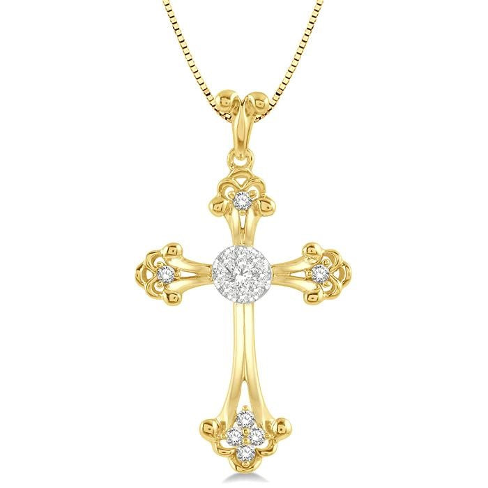 1/4 Ctw Art Deco Shine Bright Round Cut Diamond Cross Pendant in 14K Yellow and White Gold with chain
