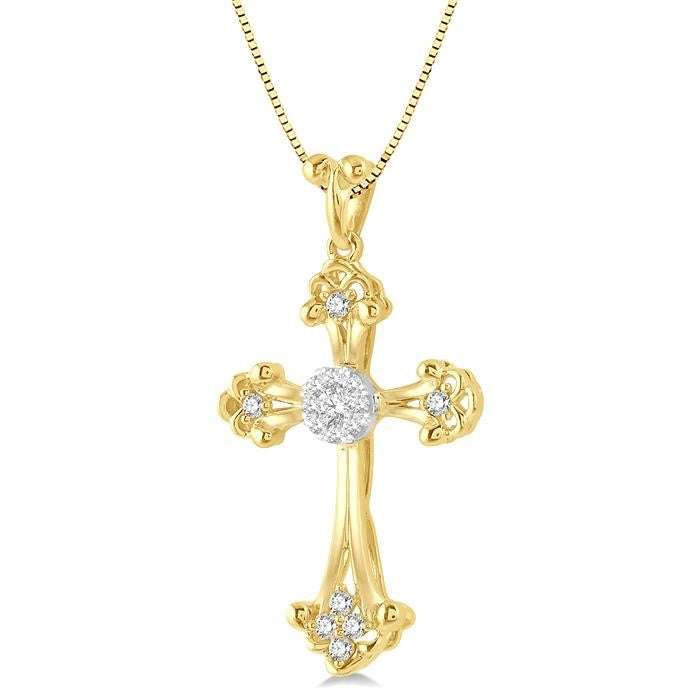 1/4 Ctw Art Deco Shine Bright Round Cut Diamond Cross Pendant in 14K Yellow and White Gold with chain
