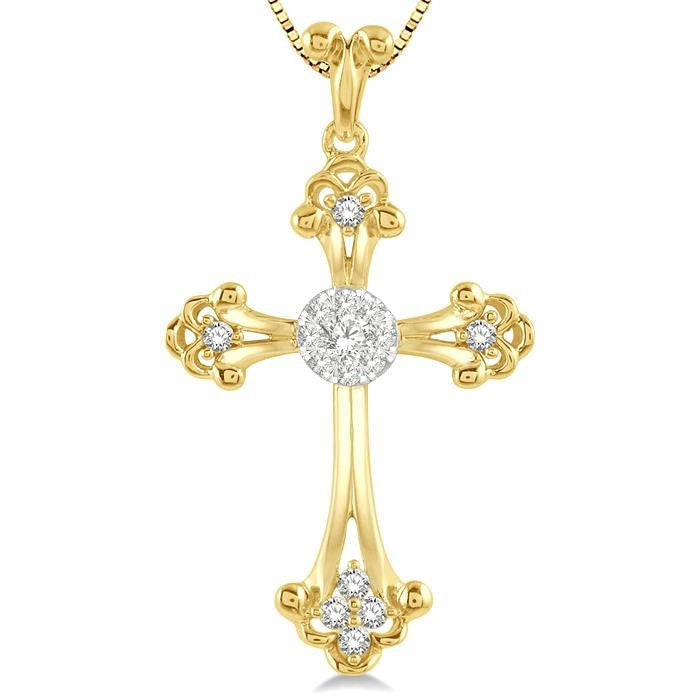 1/4 Ctw Art Deco Shine Bright Round Cut Diamond Cross Pendant in 14K Yellow and White Gold with chain