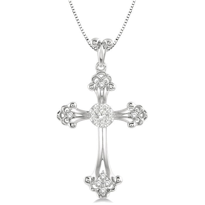 1/4 Ctw Art Deco Shine Bright Round Cut Diamond Cross Pendant in 14K White Gold with chain