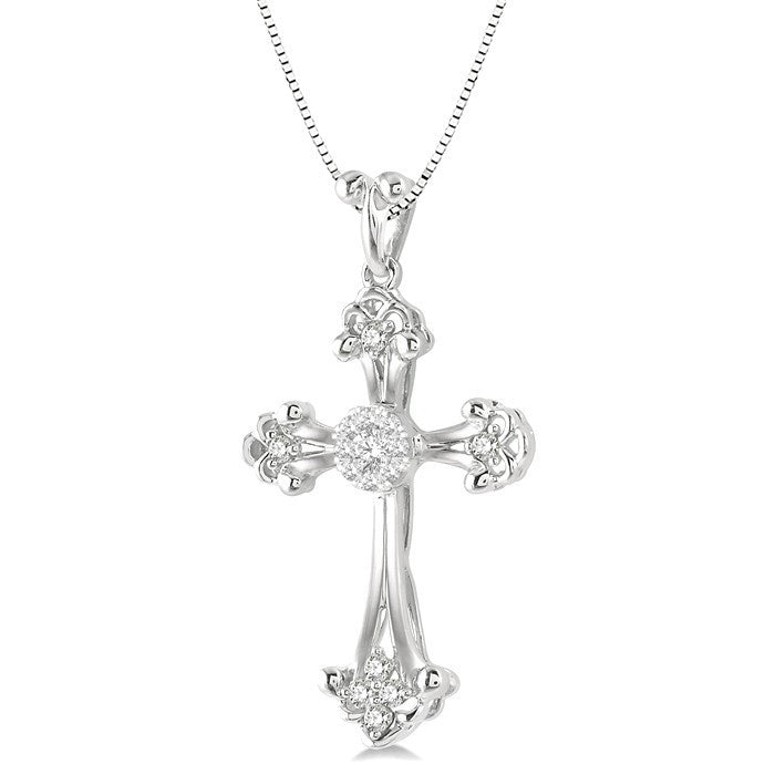 1/4 Ctw Art Deco Shine Bright Round Cut Diamond Cross Pendant in 14K White Gold with chain