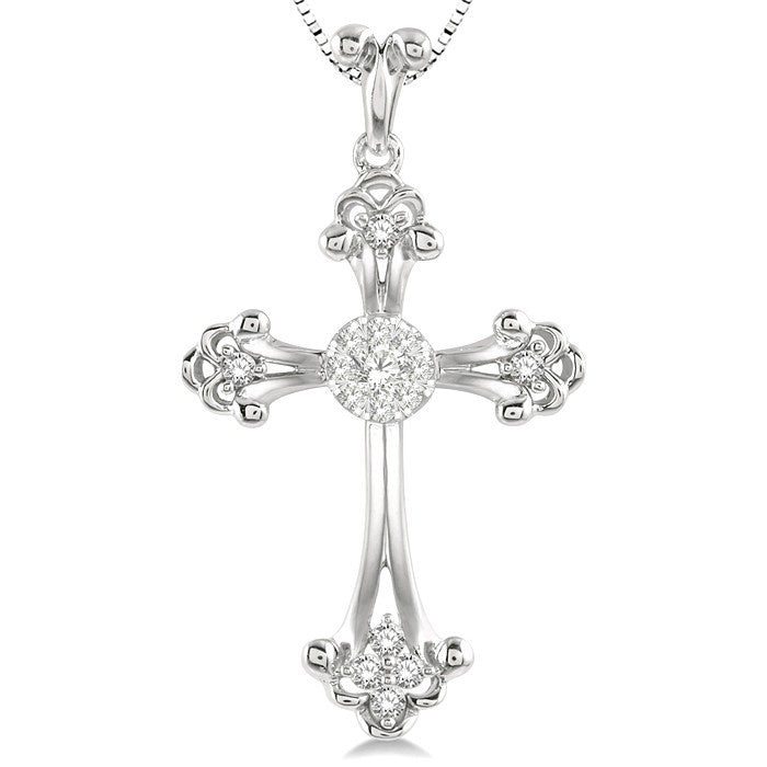 1/4 Ctw Art Deco Shine Bright Round Cut Diamond Cross Pendant in 14K White Gold with chain