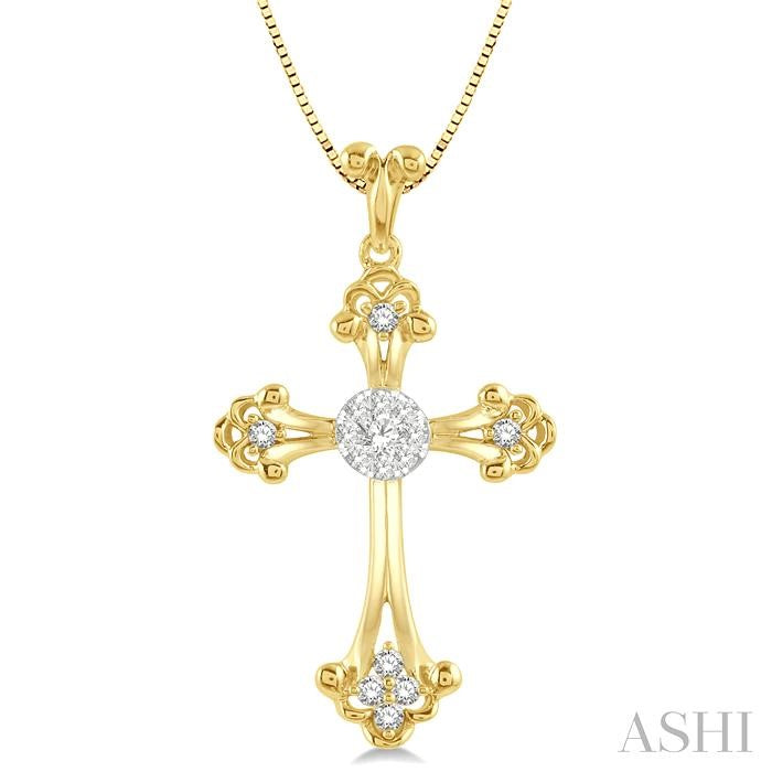 1/4 Ctw Art Deco Shine Bright Round Cut Diamond Cross Pendant in 14K Yellow and White Gold with chain