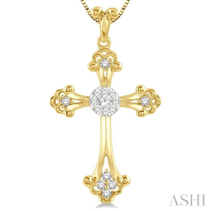 1/4 Ctw Art Deco Shine Bright Round Cut Diamond Cross Pendant in 14K Yellow and White Gold with chain