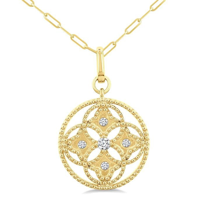 1/5 Ctw Floral Motif Round Cut Diamond Circle Medallion Fashion Pendant With Chain in 14K Yellow Gold