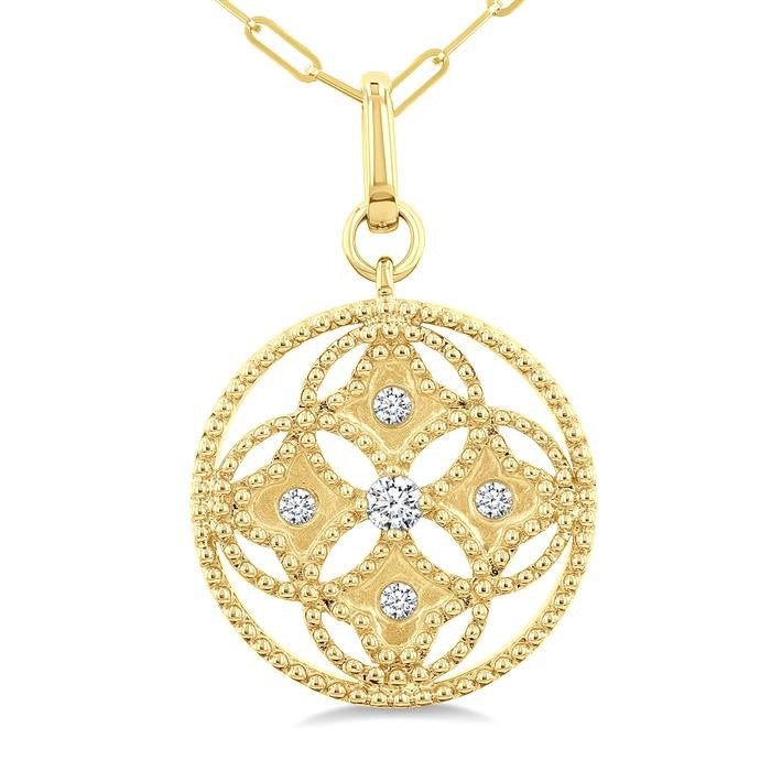 1/5 Ctw Floral Motif Round Cut Diamond Circle Medallion Fashion Pendant With Chain in 14K Yellow Gold