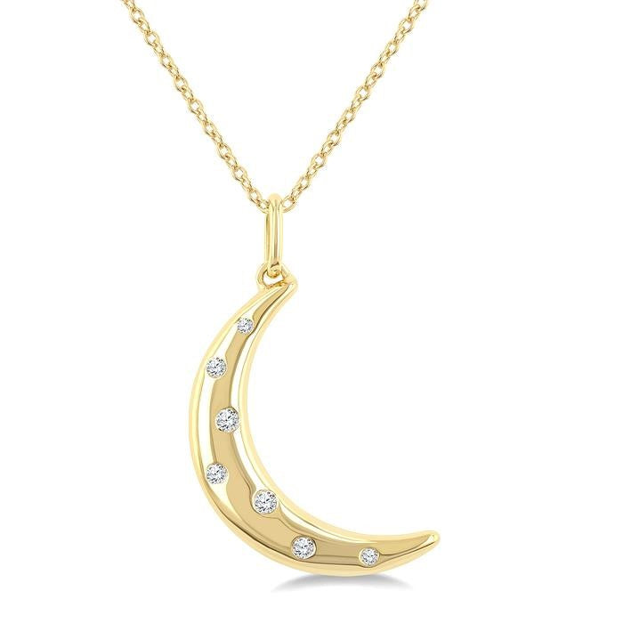 1/20 Ctw Round Cut Diamond Flush Set Moon Mosaic Pendant With Chain in 10K Yellow Gold