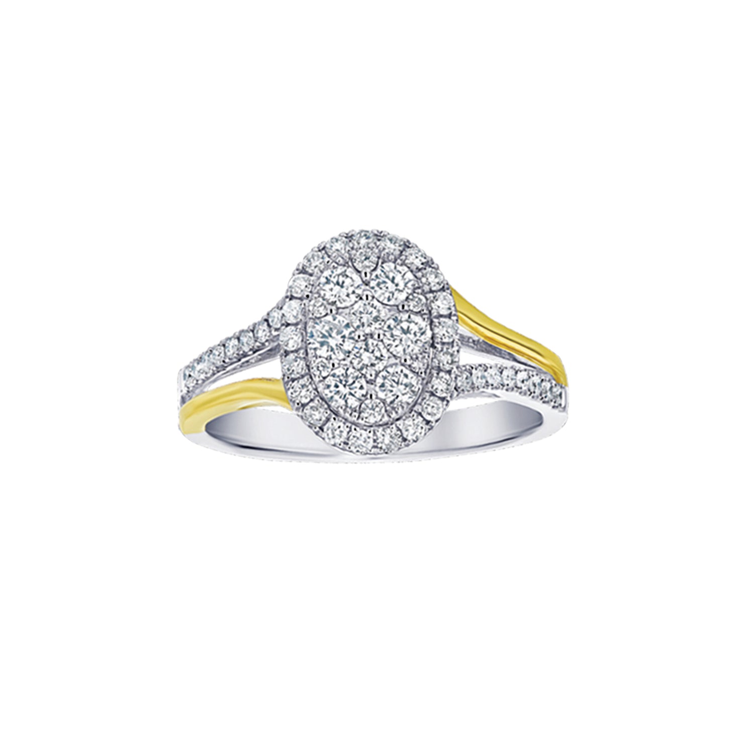  Diamond Oval Cluster Halo Split Shank Two Tone Ring 
